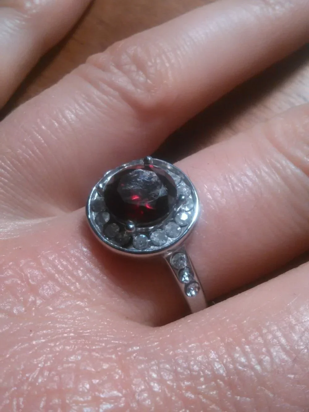Simulated Ruby and White Crystal Silvertone Ring (Size 9.75)